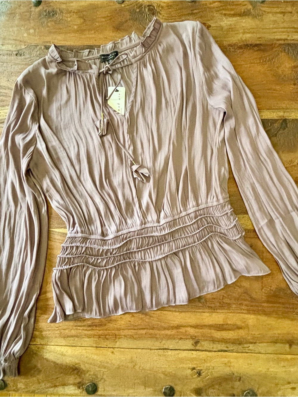 Current Air Silky Mauve Ruffle-Neck Smocked Peplum Blouse